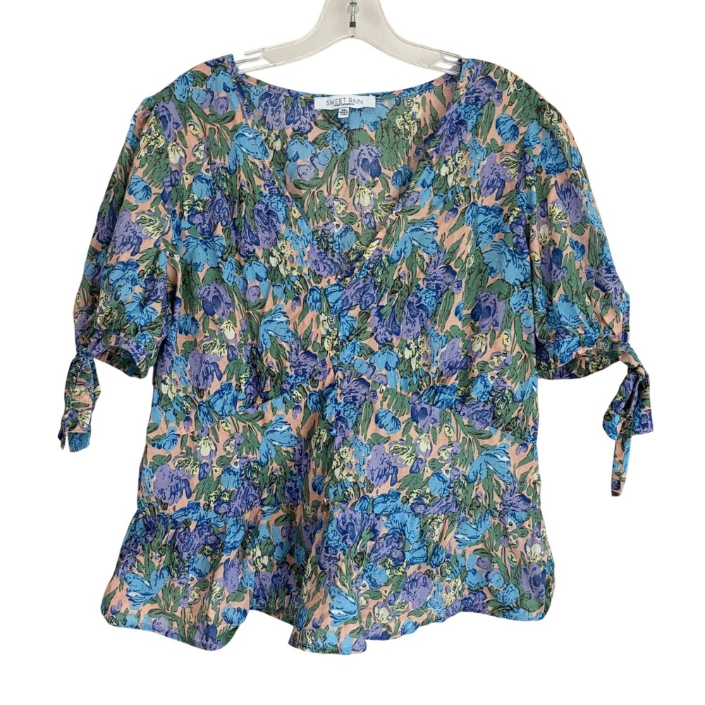 Sweet Rain Women 2XL Blue Floral Cotton Peplum Top Puff Sleeve V-Neck TP10361-B